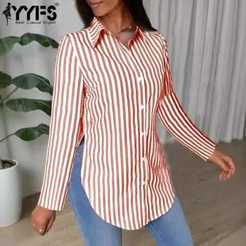 YYFS Женская мода Повседневная весна-осень Полосатый принт Длинные рукава Поло воротник блузки и рубашки S красный