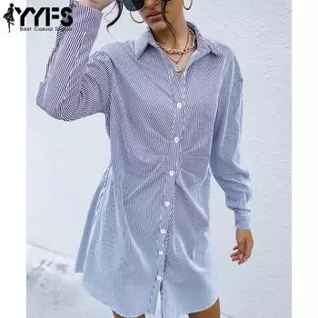YYFS Женская мода Повседневная весна-осень Полосатый принт Длинные рукава Поло воротник блузки и рубашки S синий