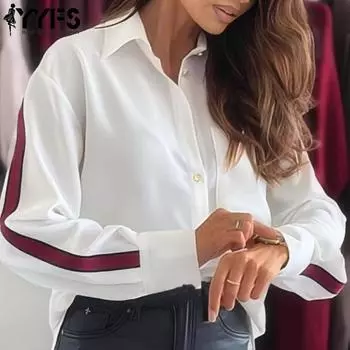 YYFS Женская мода Повседневная весна-осень Полосатый принт Длинные рукава Поло воротник блузки и рубашки S