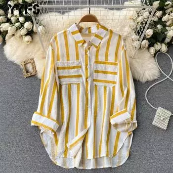 YYFS Женская мода Повседневная весна-осень Полосатый принт Длинные рукава Поло воротник блузки и рубашки S жёлтый