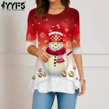 YYFS Женская мода повседневная весна осень рождественская принт длинный рукав блузки и рубашки с круглым вырезом S серый