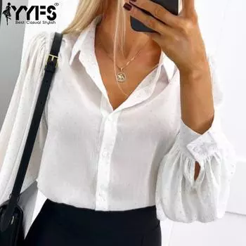 YYFS Женская мода повседневная весна-осень с принтом в горошек, длинный рукав, воротник поло, блузки и рубашки S белый