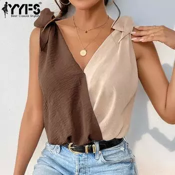 YYFS Женская мода Повседневные летние весенние блузки и рубашки без рукавов с V-образным вырезом S армия зеленый