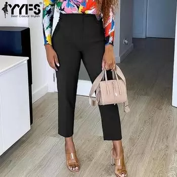 YYFS Женская мода повседневные однотонные принтованные брюки с высокой талией брюки и капри S чёрный