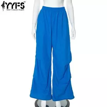 YYFS Женская мода повседневные однотонные принтованные брюки с высокой талией брюки и капри S синий