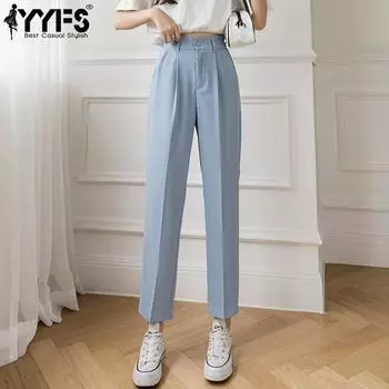 YYFS Женская мода повседневные однотонные принтованные брюки с высокой талией брюки и капри S синий