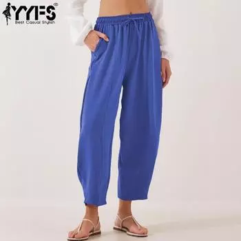 YYFS Женская мода повседневные однотонные принтованные брюки с высокой талией брюки и капри S королевский синий