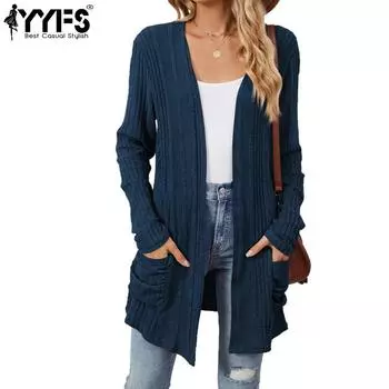 YYFS Женская мода повседневные однотонные принтованные куртки и пальто с длинным рукавом на осень-зиму S тёмно-синий