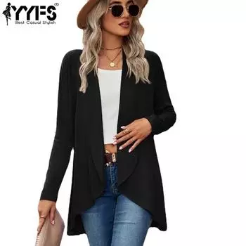 YYFS Женская мода повседневные однотонные принтованные куртки и пальто с длинным рукавом на осень-зиму S чёрный