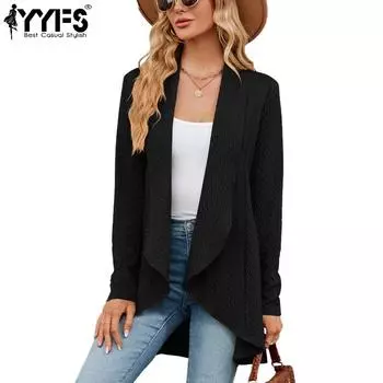 YYFS Женская мода повседневные однотонные принтованные куртки и пальто с длинным рукавом на осень-зиму S чёрный
