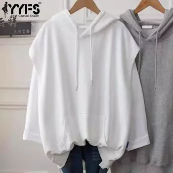 YYFS Женская мода повседневные однотонные принтованные толстовки без рукавов с капюшоном и свитшоты M белый