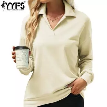 YYFS Женская мода, повседневные однотонные пуловеры с воротником-поло и длинными рукавами, весна-осень с длинными рукавами и принтом S абрикосовый