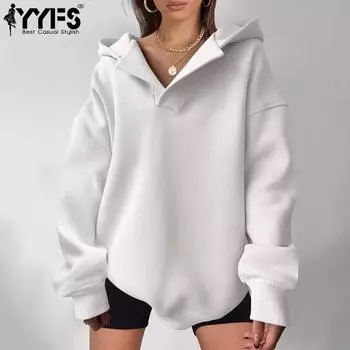 YYFS Женская мода повседневные однотонные толстовки с капюшоном и длинными рукавами с принтом S белый