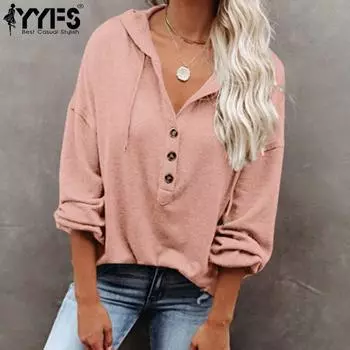 YYFS Женская мода повседневные однотонные толстовки с капюшоном и длинными рукавами с принтом S розовый