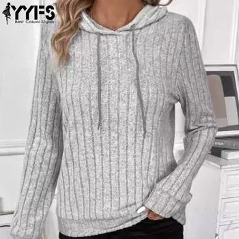 YYFS Женская мода повседневные однотонные толстовки с капюшоном и длинными рукавами с принтом S светло-серый