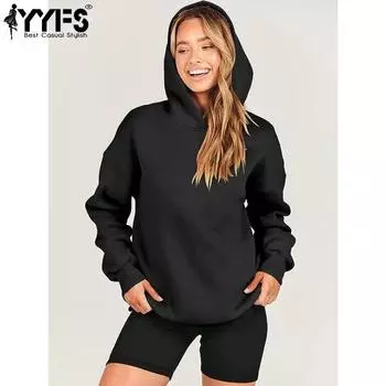 YYFS Женская мода повседневные однотонные толстовки с капюшоном и длинными рукавами с принтом S чёрный