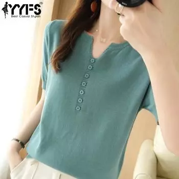 YYFS Женская мода повседневные однотонные топы с коротким рукавом и V-образным вырезом женская одежда шерстяные трикотажные свитера S чёрный