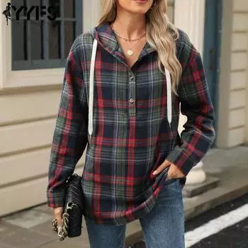 YYFS Женская мода Повседневный клетчатый принт Длинные рукава с капюшоном Толстовки и свитшоты S темно-синий