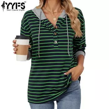 YYFS Женская мода повседневные толстовки с капюшоном и длинным рукавом с принтом в полоску S тёмно-синий