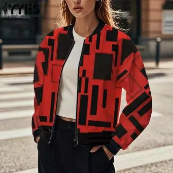 YYFS Женская мода Повседневный цветной блок печати Осень Зима Длинные рукава O-образный вырез Куртки и пальто S красный