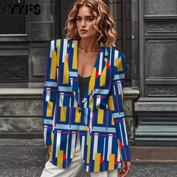 YYFS Женская мода Повседневный цветной блок печати Осень Зима Длинный рукав POLO воротник куртки и пальто S синий