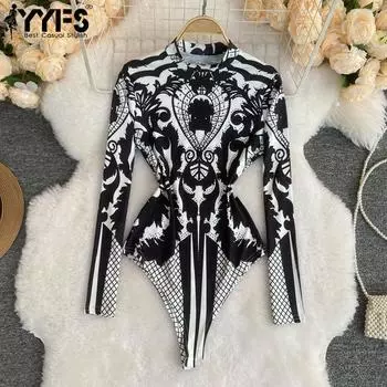 YYFS Женская мода Повседневный цветочный узор с принтом Весна Осень Длинные рукава O-образный вырез Боди Size: One Size белый
