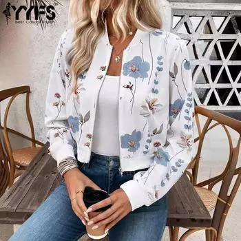 YYFS Женская мода Повседневный цветочный узор с принтом Осень Зима Длинные рукава V-образный вырез Куртки и пальто S белый