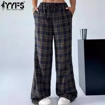 YYFS Женская мода Повседневный клетчатый принт Брюки с высокой талией Брюки и капри S тёмно-синий
