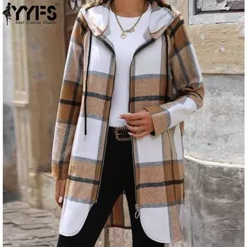 YYFS Женская мода Повседневный клетчатый принт Осень Зима Длинные рукава С капюшоном Куртки и пальто S хаки