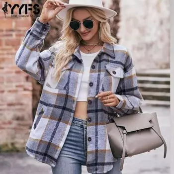 YYFS Женская мода Повседневный клетчатый принт Осень Зима Длинные рукава Поло воротник куртки и пальто M серый