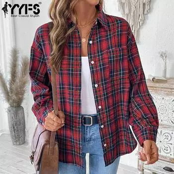 YYFS Женская мода Повседневный клетчатый принт Осень Зима Длинные рукава Поло воротник куртки и пальто S красный