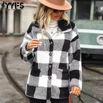 YYFS Женская мода Повседневный клетчатый принт Осень Зима Длинные рукава Поло воротник куртки и пальто S