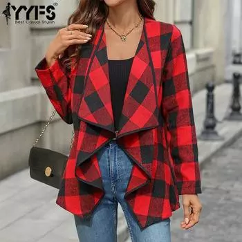 YYFS Женская мода Повседневный клетчатый принт Осень Зима Длинные рукава Поло воротник куртки и пальто S красный