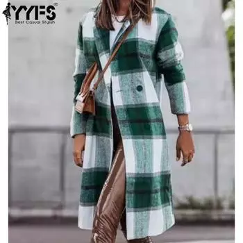 YYFS Женская мода Повседневный клетчатый принт Осень Зима Длинные рукава Поло воротник куртки и пальто S хаки