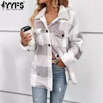 YYFS Женская мода Повседневный клетчатый принт Осень Зима Длинные рукава Поло воротник куртки и пальто S