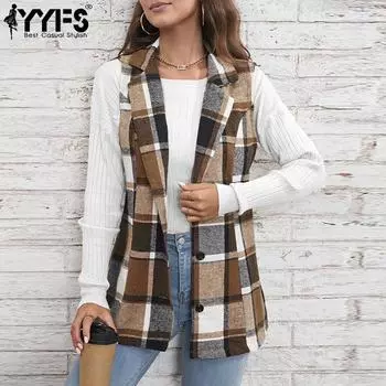 YYFS Женская мода Повседневный клетчатый принт Осень Зима Безрукавки Поло Воротник Куртки и пальто S светло-коричневого