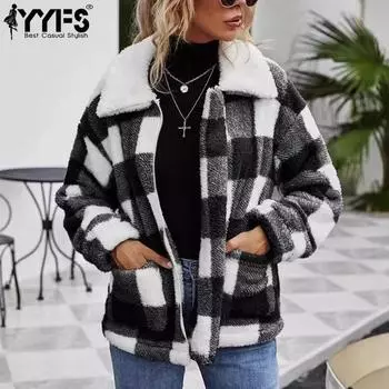 YYFS Женская мода Повседневный клетчатый принт Осень Зима Длинные рукава Поло воротник куртки и пальто S