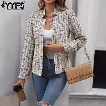 YYFS Женская мода Повседневный клетчатый принт Осень Зима Длинные рукава Куртки и пальто S