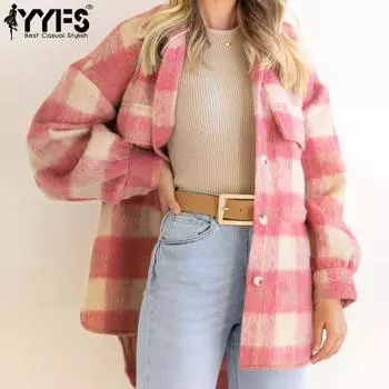 YYFS Женская мода Повседневный клетчатый принт Осень Зима Длинные рукава Поло воротник куртки и пальто S фиолетовый