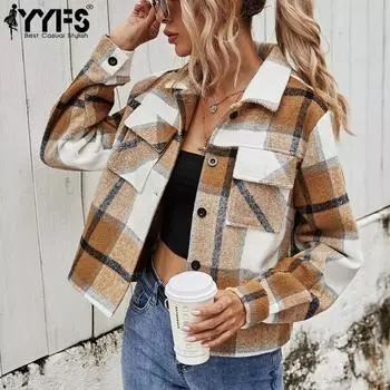 YYFS Женская мода Повседневный клетчатый принт Осень Зима Длинные рукава Поло воротник куртки и пальто L
