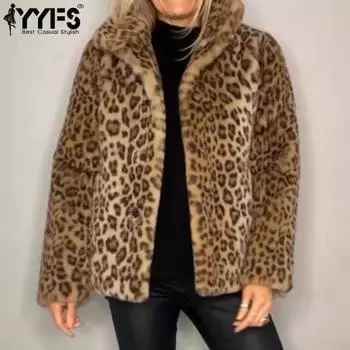 YYFS Женская мода Повседневный леопардовый принт Осень Зима Длинные рукава Поло воротник куртки и пальто S хаки
