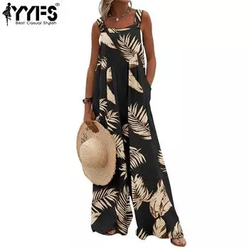 YYFS Женская мода Повседневный Лето Весна Цветочный узор Принт Без рукавов Подтяжки Свободная талия Брюки Комбинезоны и комбинезоны S чёрный