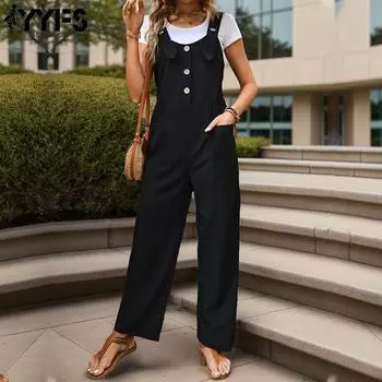 YYFS Женская мода Повседневный Лето Весна Однотонный Принт Без Рукавов Комбинезоны и Ромперы с Высокой Талией S чёрный