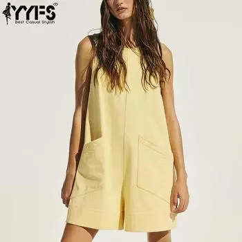 YYFS Женская мода Повседневный Лето Весна Однотонный Принт Без Рукавов Комбинезоны и Ромперы S жёлтый