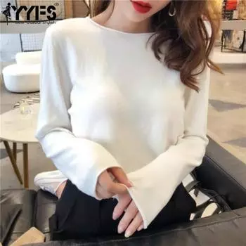 YYFS Женская мода Повседневный Лето Весна Однотонный Принт Длинный Рукав О-Образным Вырезом Свитера Size: One Size