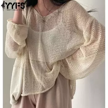 YYFS Женская мода Повседневный Лето Весна Однотонный Принт Длинный Рукав О-Образным Вырезом Свитера Size: One Size серый