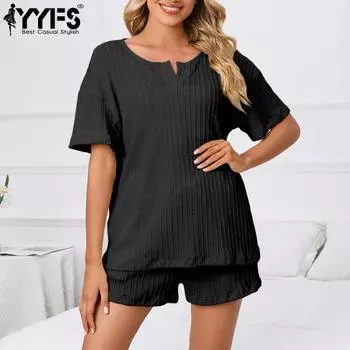 YYFS Женская мода Повседневный Лето Весна Однотонный Принт Короткий Рукав V-образный Вырез Брюки Костюмы S чёрный