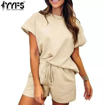 YYFS Женская мода Повседневный Лето Весна Однотонный Принт Короткий Рукав О-Образным Вырезом Брюки Костюмы S абрикосовый