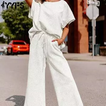 YYFS Женская мода Повседневный Лето Весна Однотонный Принт Короткий Рукав О-Образным Вырезом Брюки Костюмы S белый
