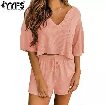 YYFS Женская мода Повседневный Лето Весна Однотонный Принт Короткий Рукав V-образный Вырез Брюки Костюмы S розовый